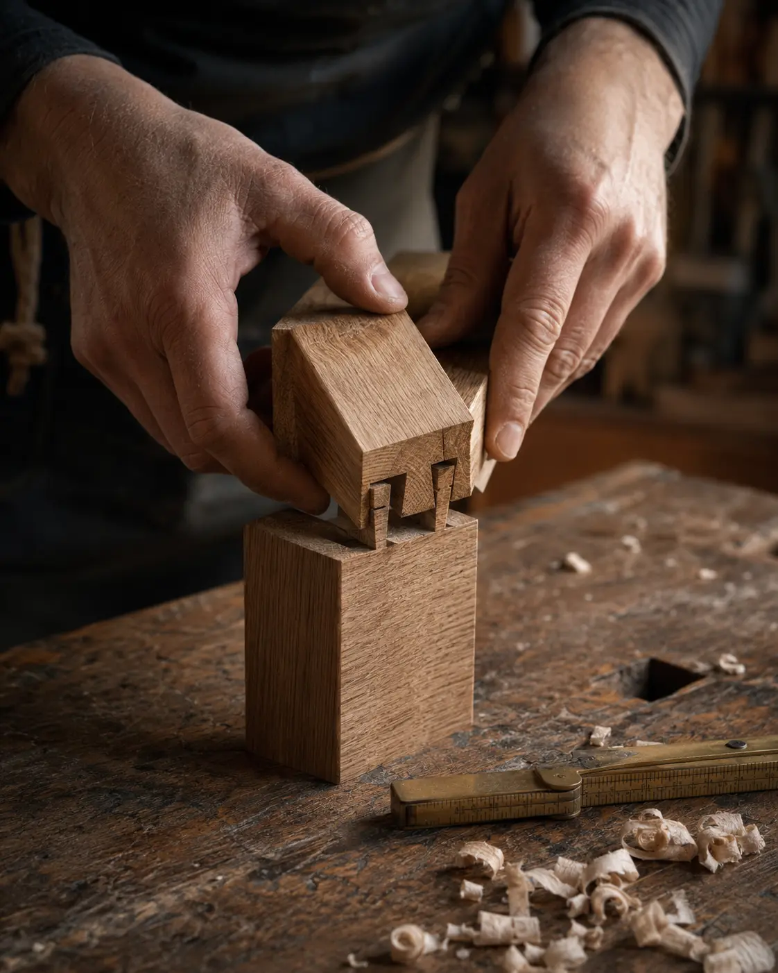 Visualisierung präziser Tischlerarbeit an einer Holzverbindung